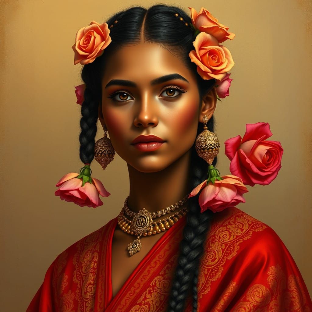 Regal Aztec Goddess in Golden Robes with Blooming Roses