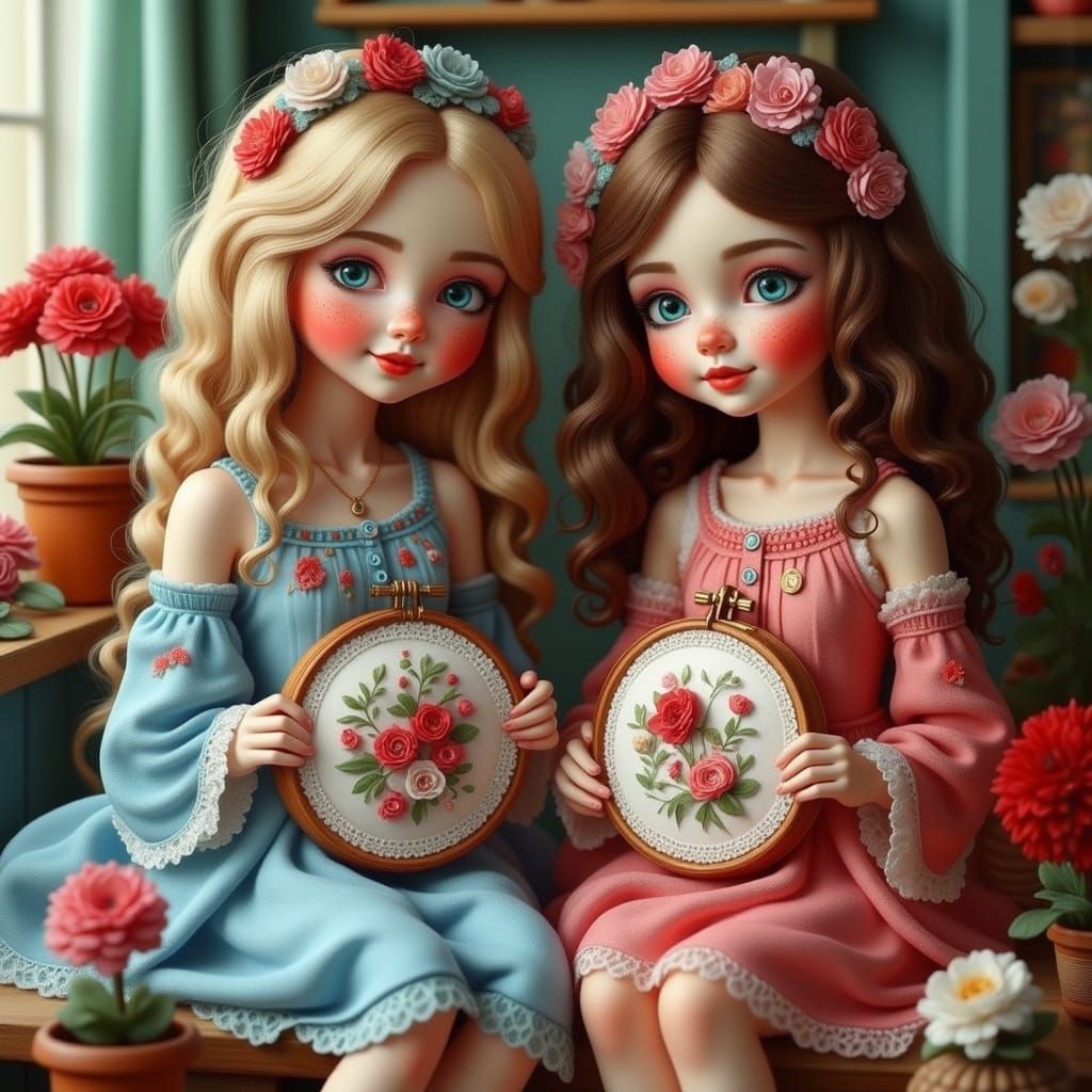 Two Young Women Embroidering in Birch Wood Room