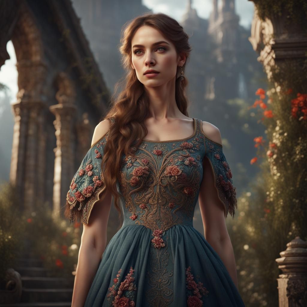 Beautiful Woman in Embroidered Dress: Fantasy Concept Art