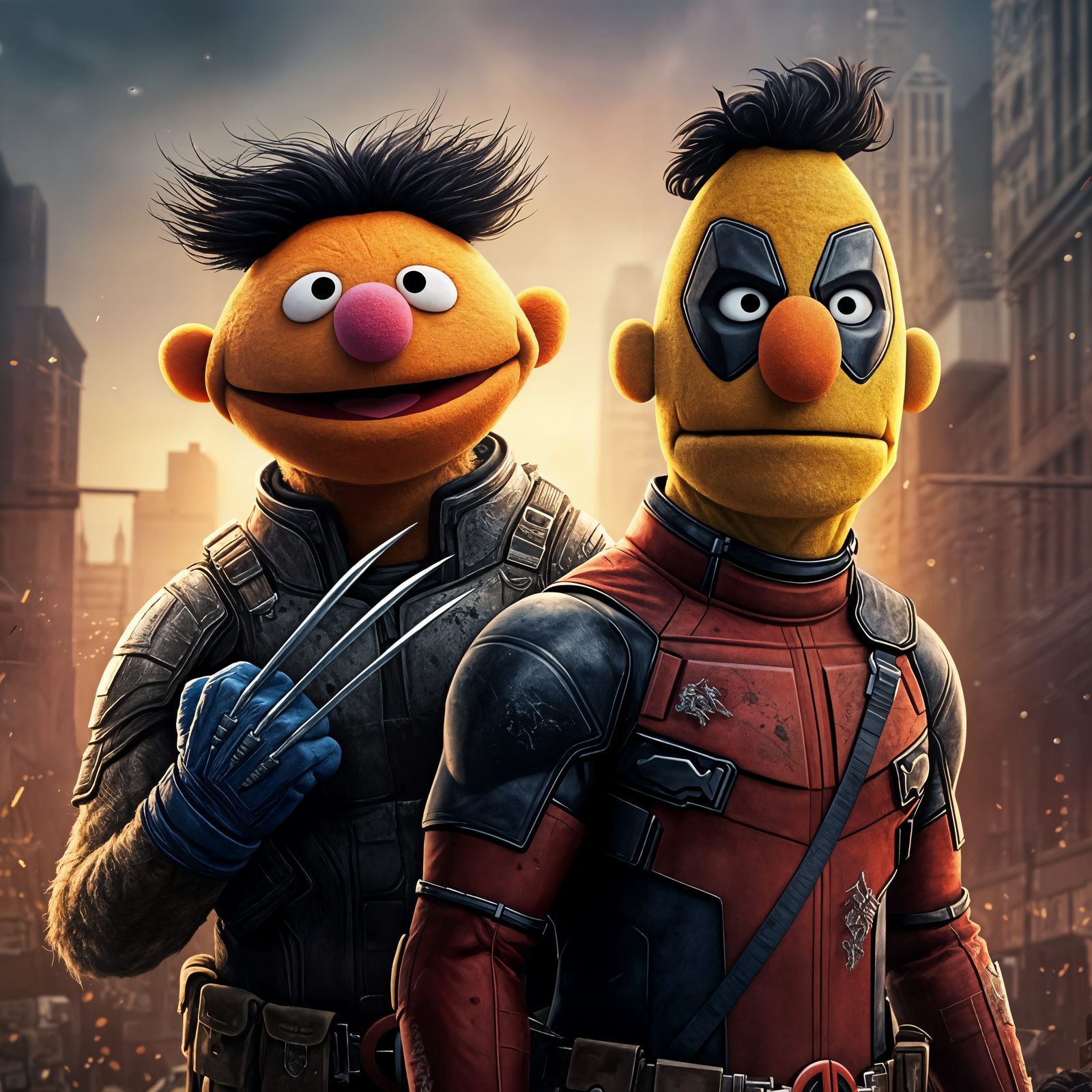Superhero Muppets in Cinematic Cityscape
