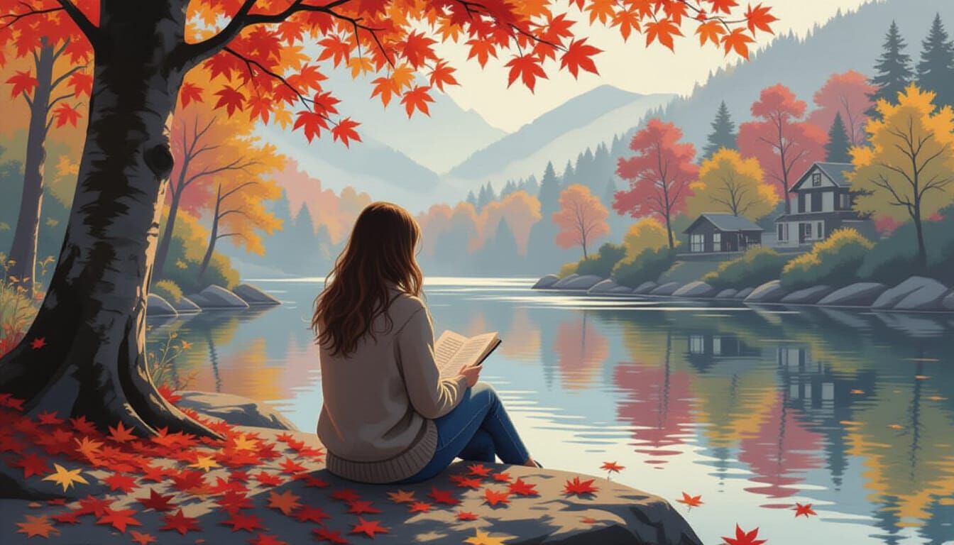 Woman by River in Autumn Watercolor