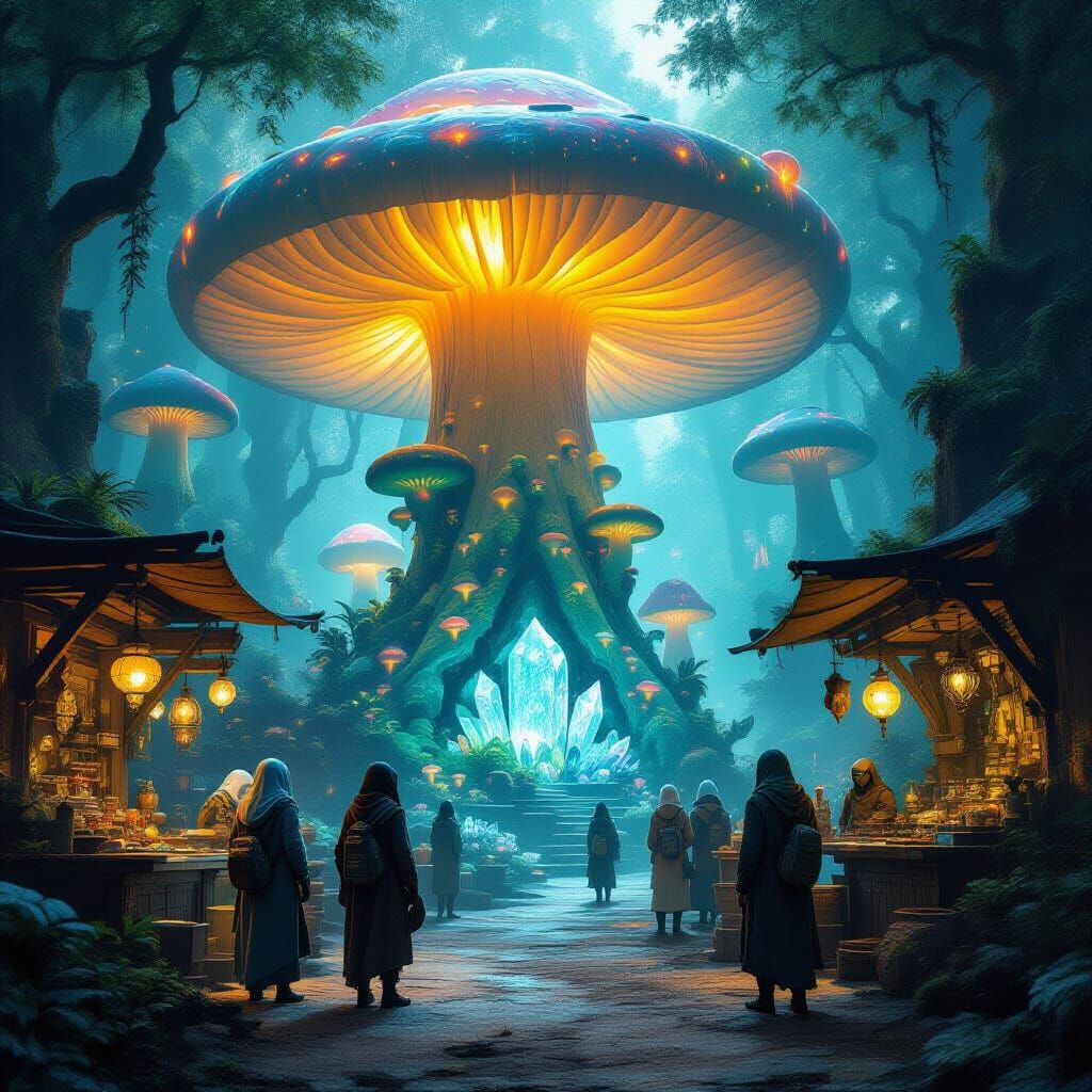 Bustling Alien Marketplace in Bioluminescent Mushroom Forest
