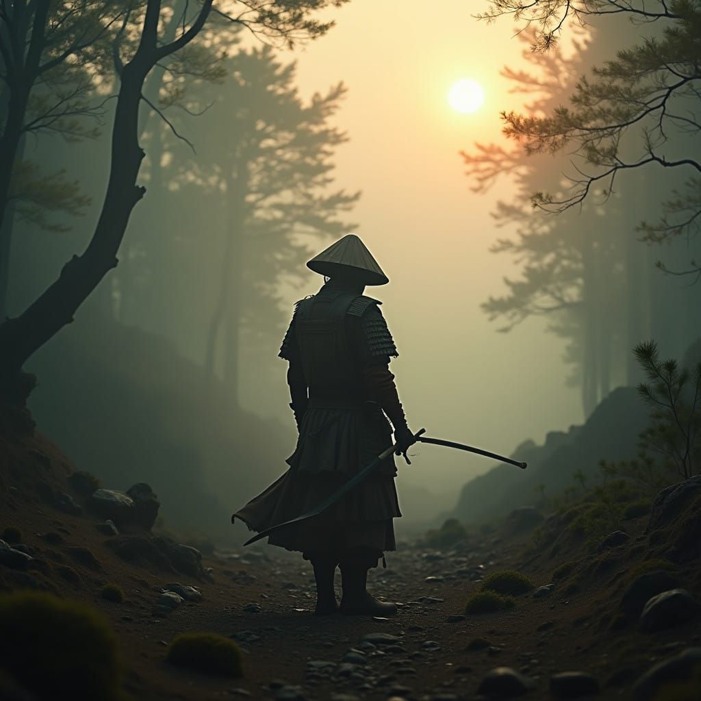 Epic Samurai in Misty Forest Landscape