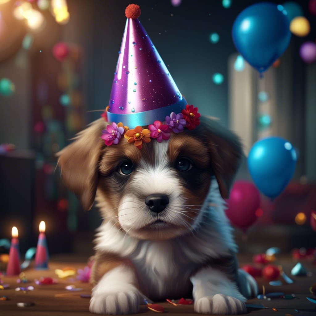Adorable Puppy Celebrates with Party Hat