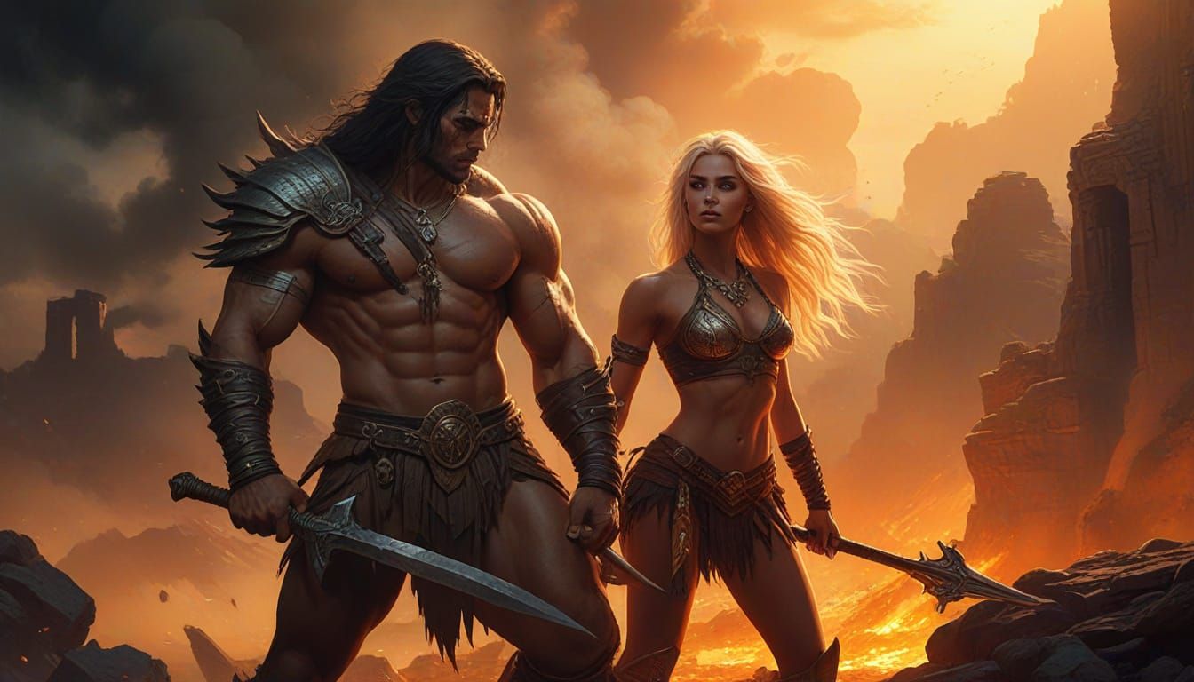 Muscular Barbarian Warrior in Fiery Tribal Landscape