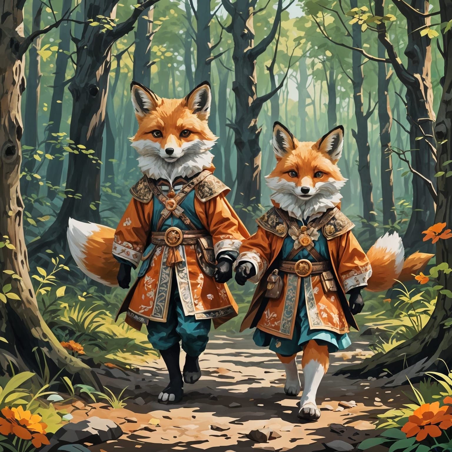 Foxes in Russian Costume in Ancient Forest
