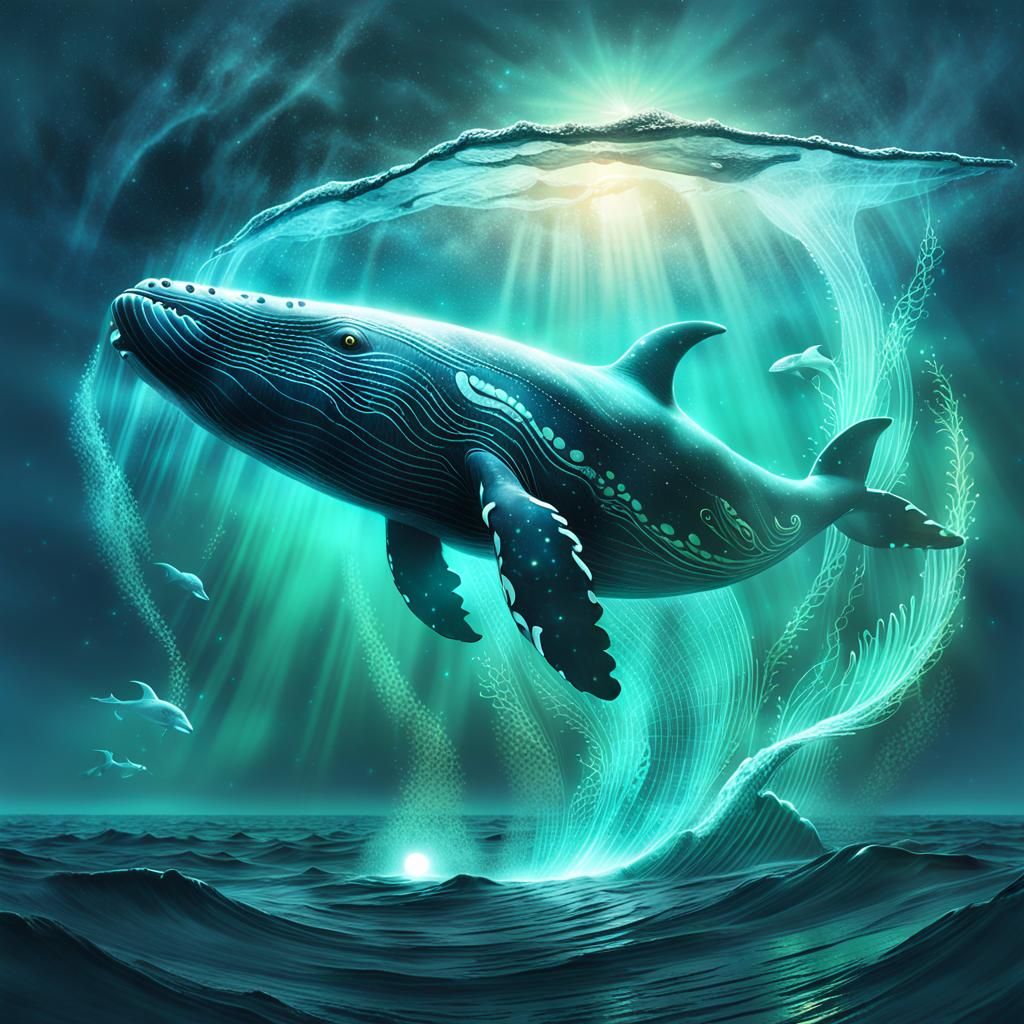 Ethereal Ghost Whale Breaching Misty Ocean