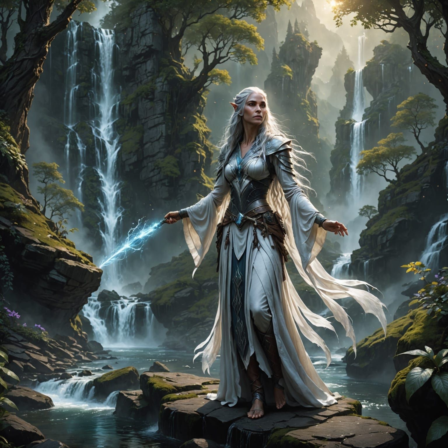 Ethereal Dragonborn Rogue Basks in Mystical Waterfall Scene