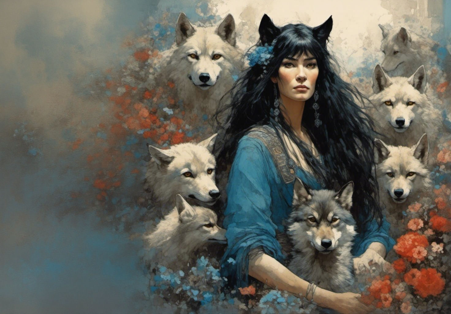 Punk Rock Woman Surrounded by Wolves in Gothic Style