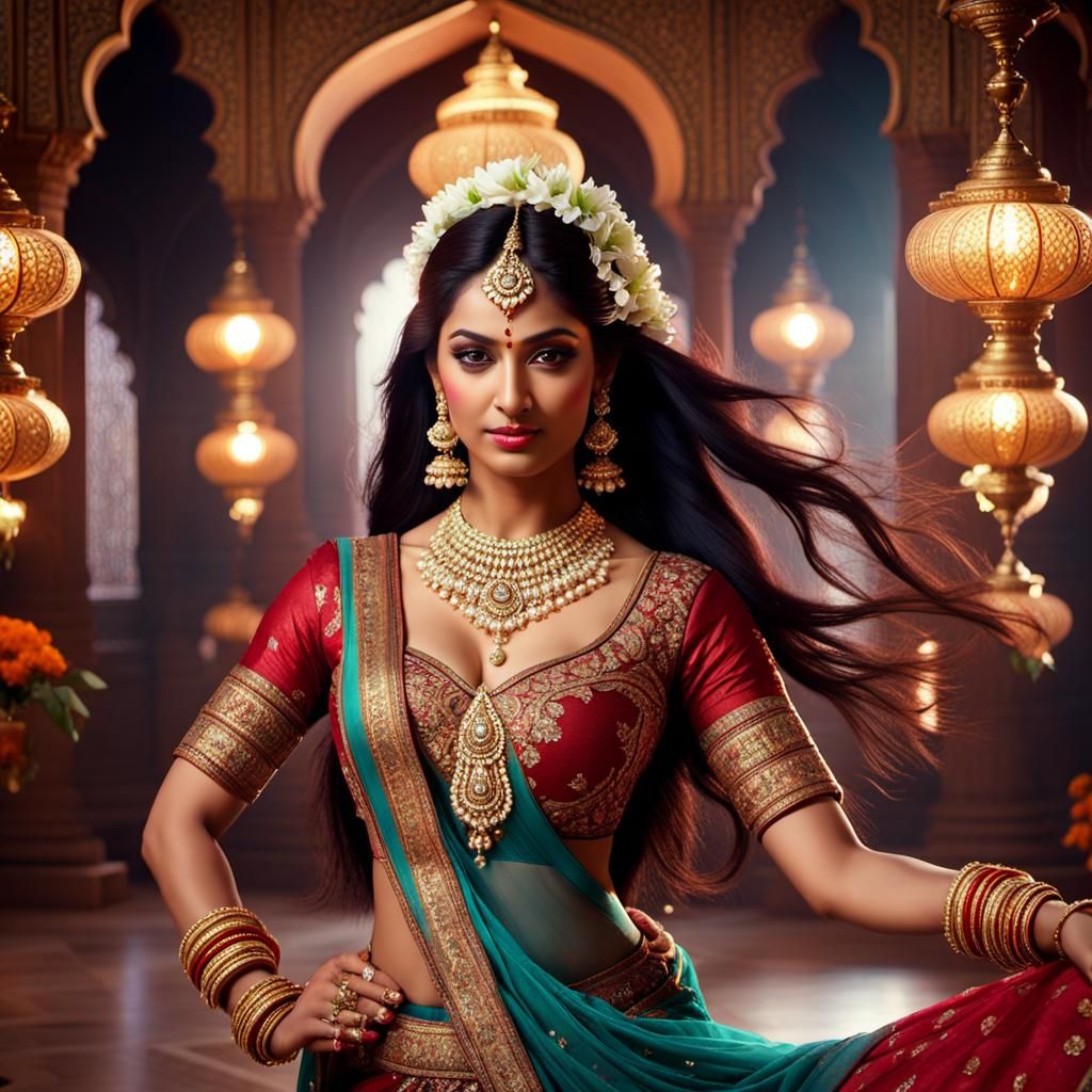 Indian Classical Dancer in Palace, Hyperrealistic Photo