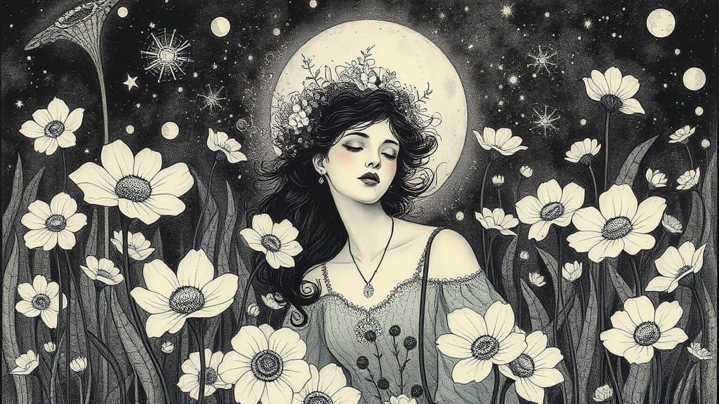 Flowers black and white, mystical and poetic dreamlike Paul Klee, surreal and celestial, etching & delicate aquatint tex...