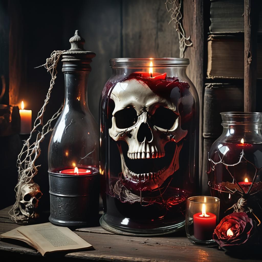 Gothic Still Life: Skull in Wine Jar