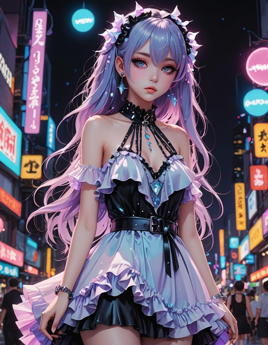 Pastel Goth Dress Amidst Neon Lights as 3D Anime
