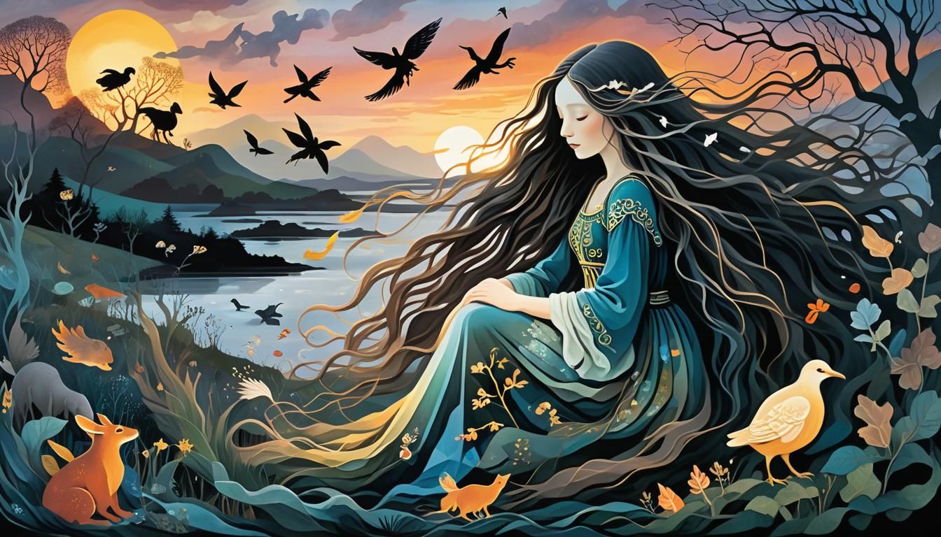 Mystical Creatures Collage at Sunset, High-Resolution Photo