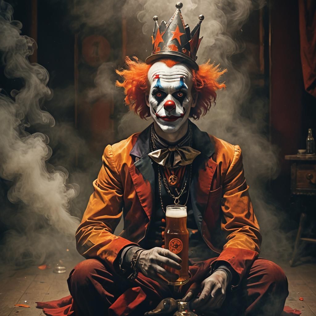 Depressed Clown Occultist in Dimly Lit Room