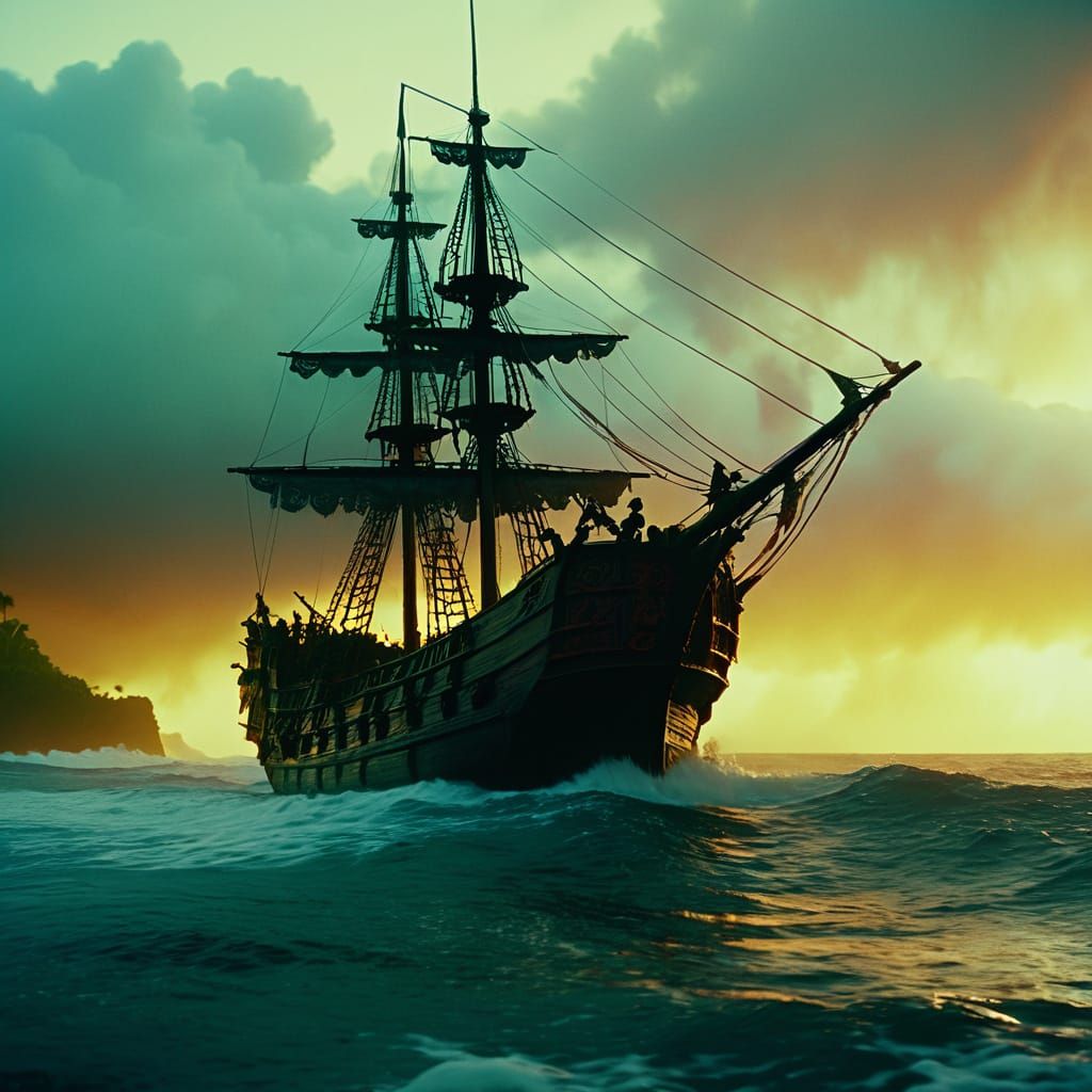 The pirate ship arriving at the shores of Maui. The scene blends the grandeur of the ship with a fantastical, illogical ...