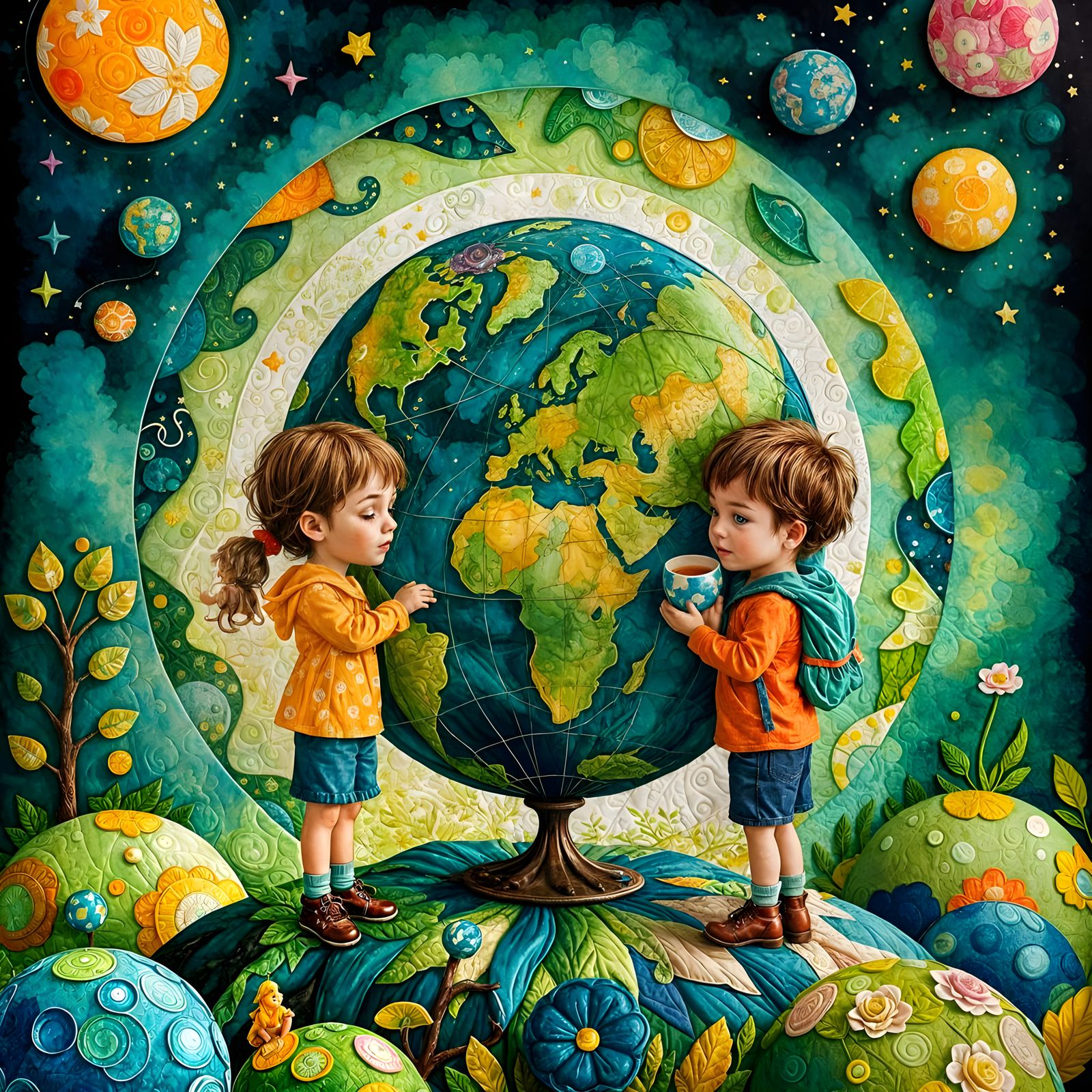 Whimsical Children Admire Earth: 3D Alcohol-Ink Illustration