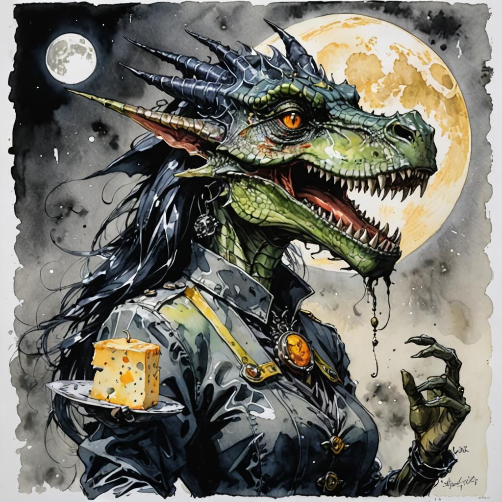 Dragon Dinosaur Witch Portrait in Watercolor