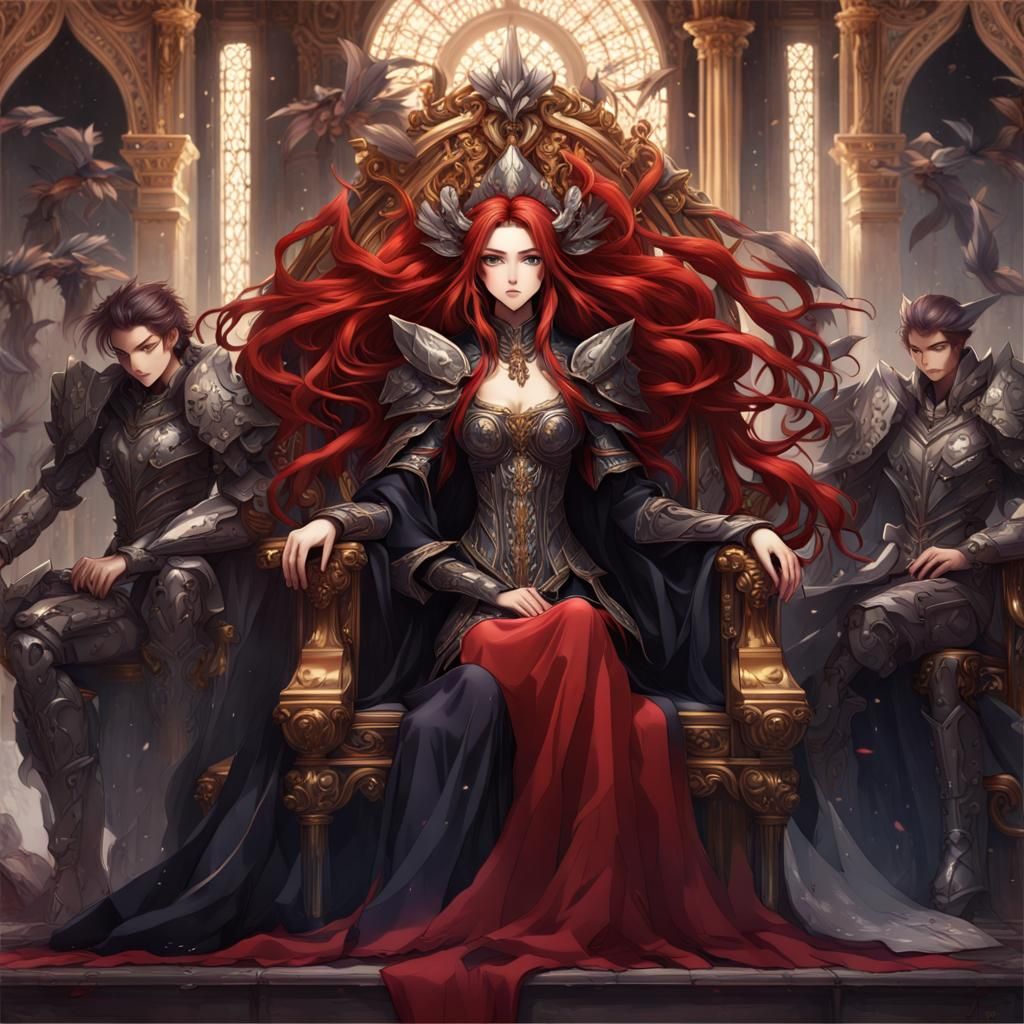 Anime Girl on Throne with Armored Figures