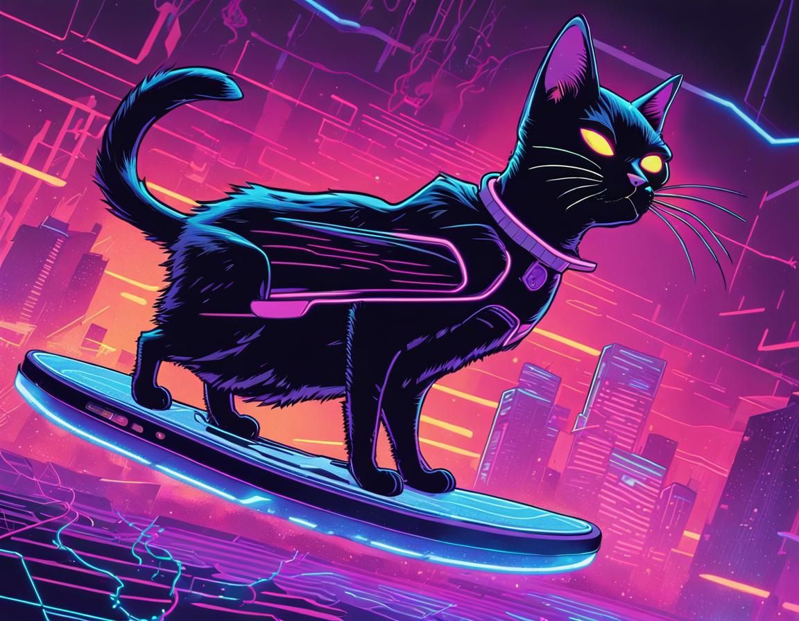 Cyberpunk Cat on Hoverboard Comic Book Cover