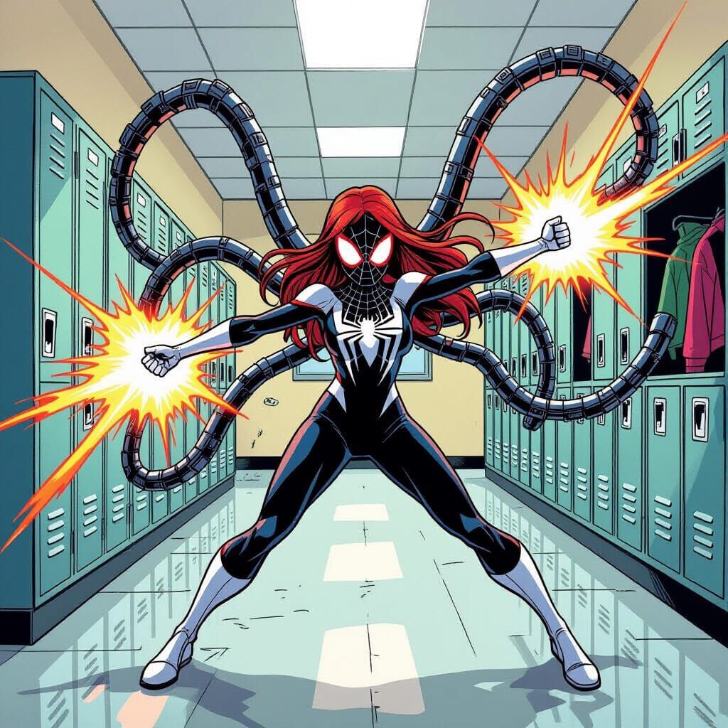 Ghost Spider Battles Doctor Octopus in High School Comic Art