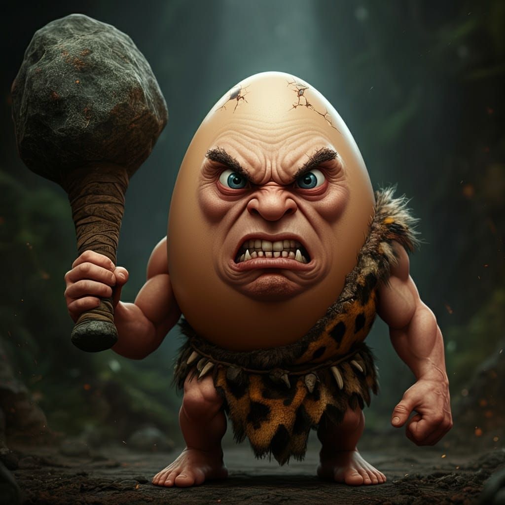 Prehistoric Caveman Egg Wields Stone Club with Fierce Expres...