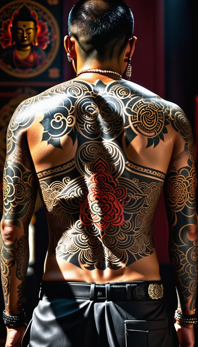 Japanese Mafia Buddha Tattoo: Cinematic Portrait