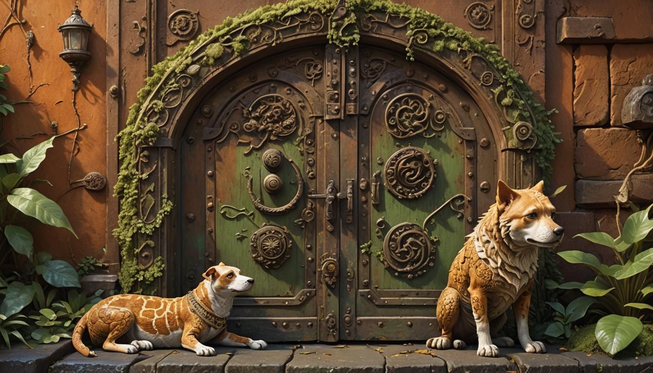 Royal Guard Dog Beside Ornate Iron Door