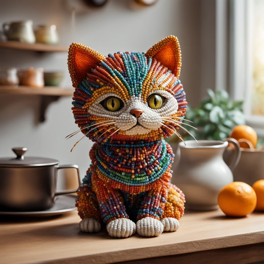 Beaded Cat Sculpture in Morning Light