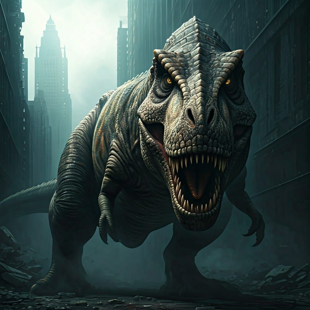 Gothic T. Rex in Futuristic Ruins