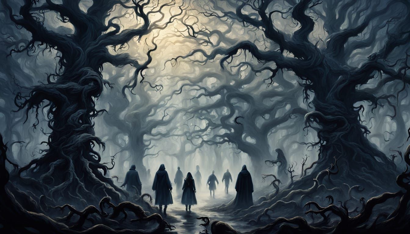 Ominous Figures Emerge in Dark Forest Oil Painting