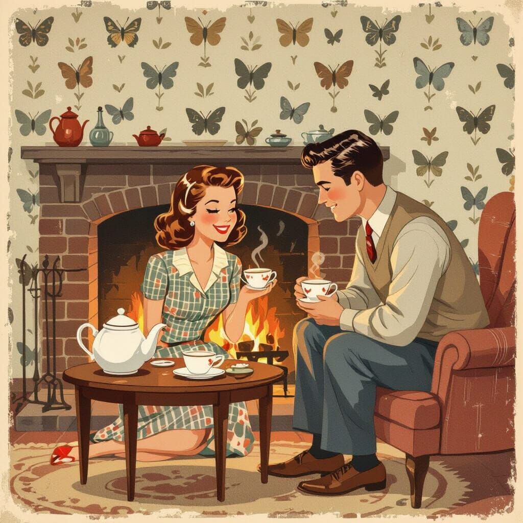 1940s Cozy Fireside Evening Illustration