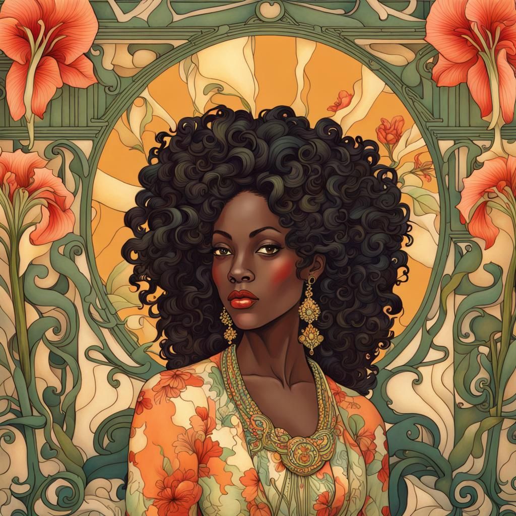 Amaryllis and Black Woman in Art Nouveau Rococo Style