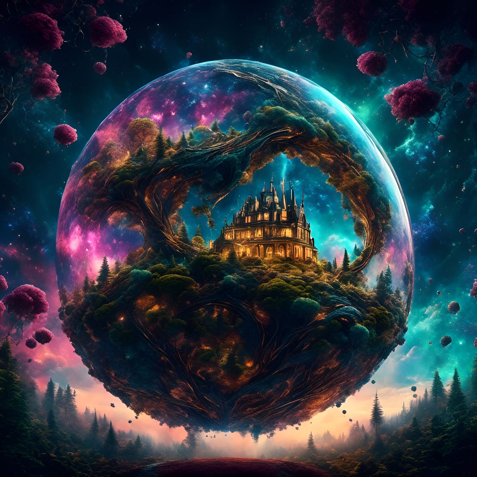 Flying Eco-Dome in Space with Neon Highlights