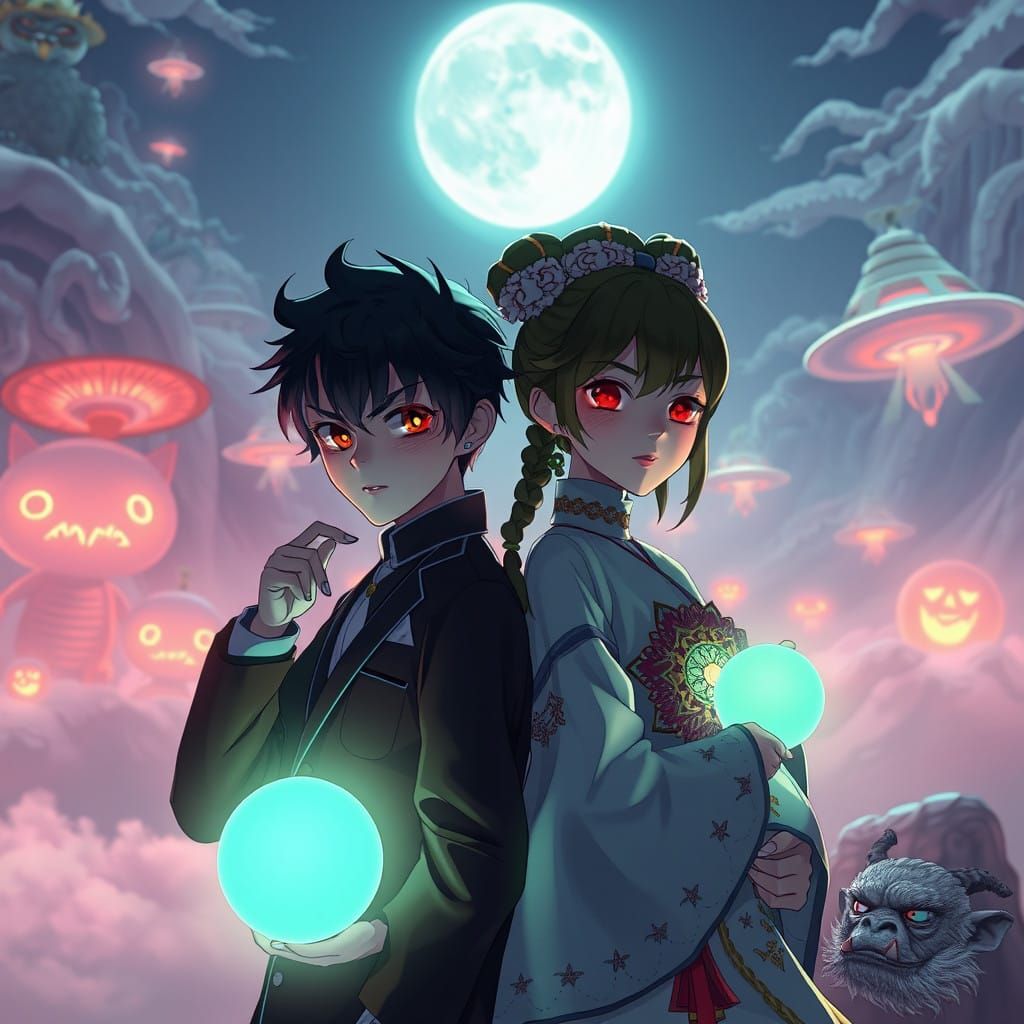 Anime-Inspired Yokai and UFOs in Dreamlike Moonlit Scene