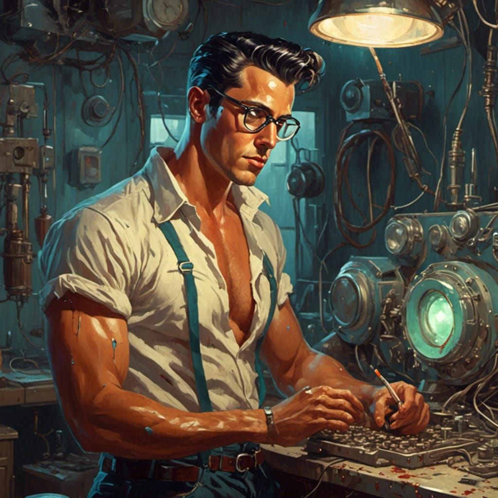 Retro Rockabilly Android Repairing Himself in Lab