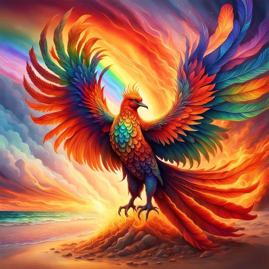 Fiery Phoenix Rising at Sunrise: Visionary Art