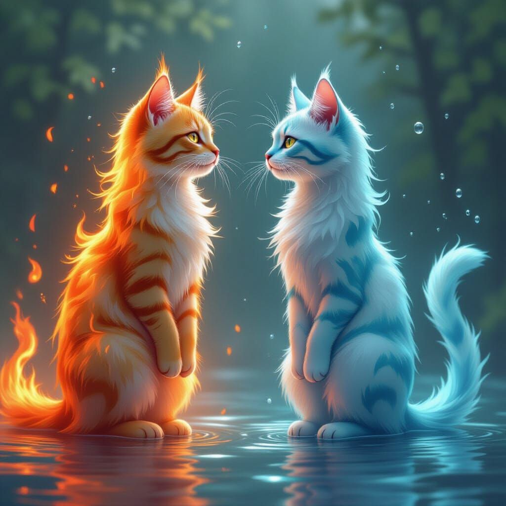 Fiery and Watery Cats Gaze Intensely at Each Other