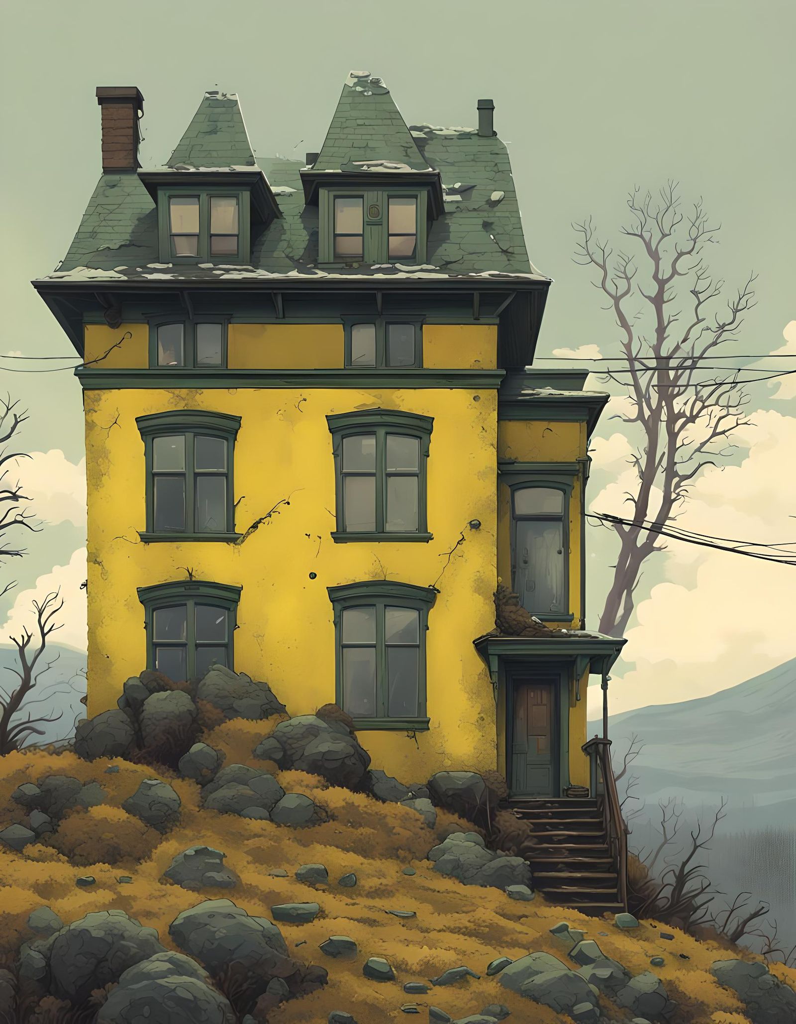 Old House on Desolate Hill in Retro Style