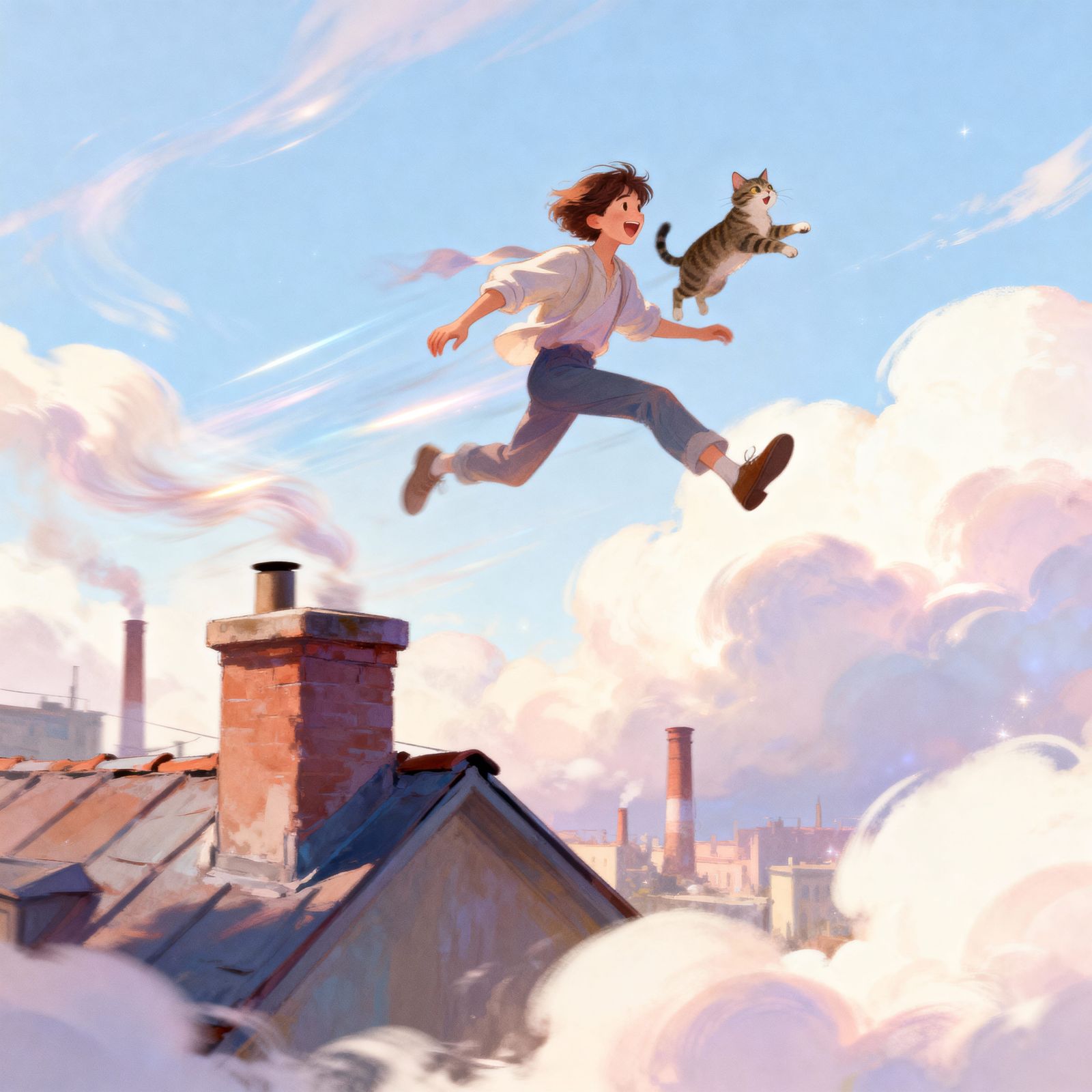Man and Cat Leap Rooftops, Flying Through Clouds