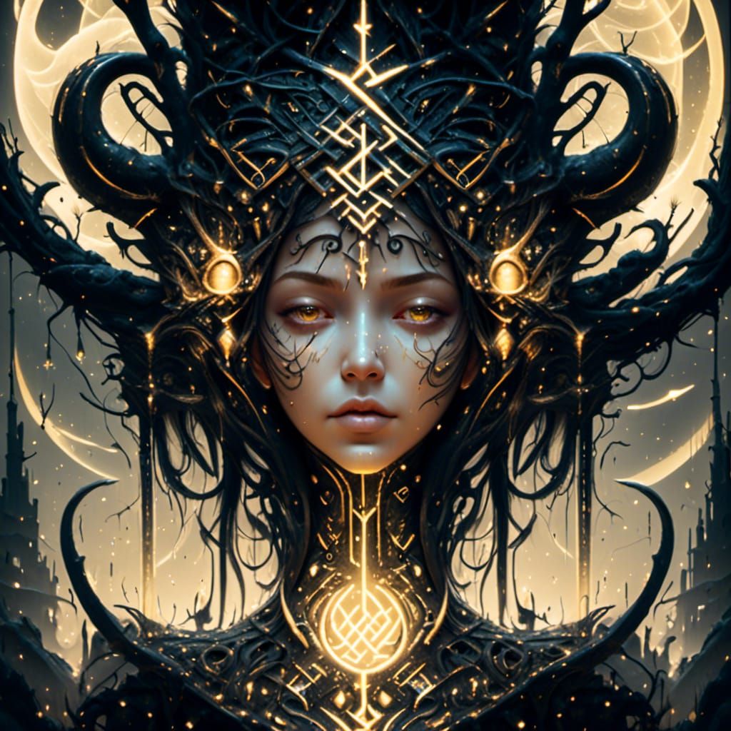 Mystical Forest with Glowing Runes in Giger Style