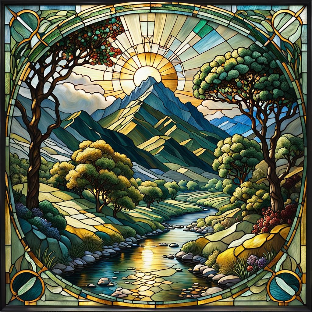 Art Deco Stained Glass Mountain River Valley