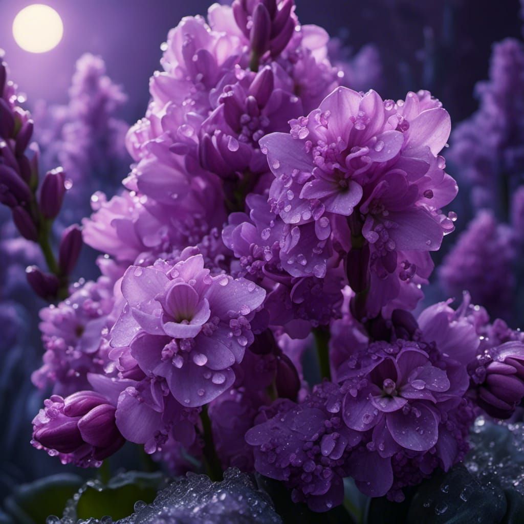 Dew-Kissed Purple Hyacinth in Moonlight