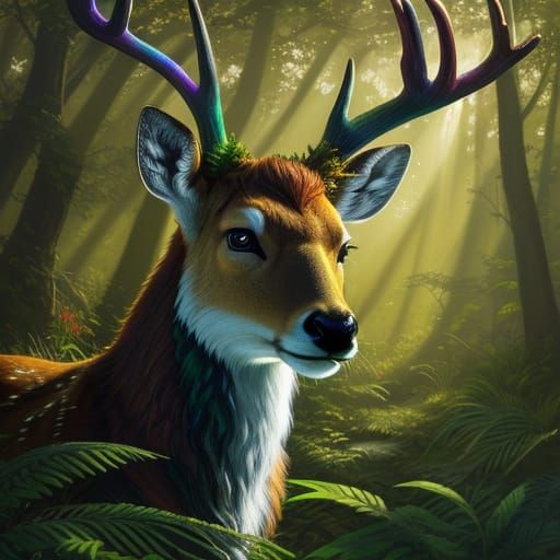 Mystical Deer in Forest: Hyperrealistic Oil Painting