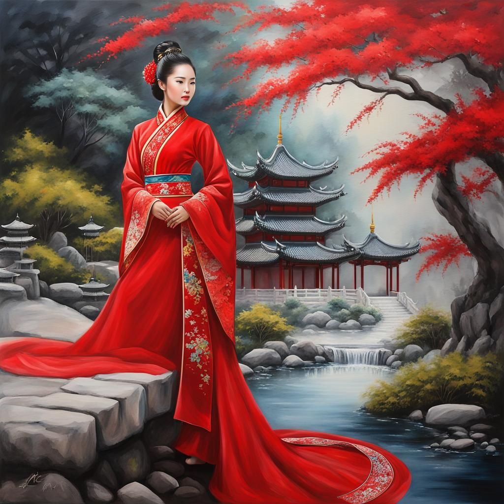 Graceful Woman in Red Dress, Romantic Impressionism