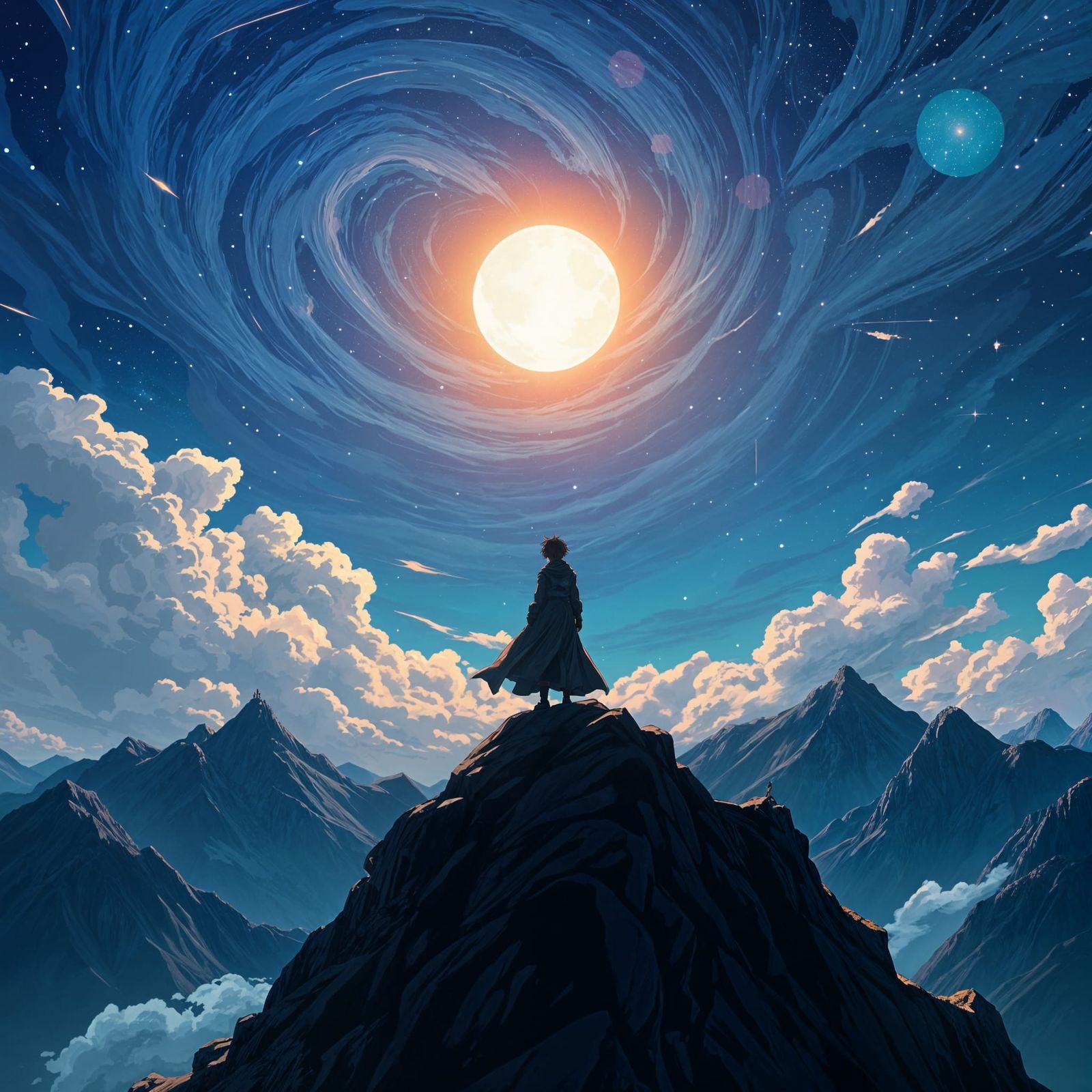 Anime Silhouette on Starry Mountaintop