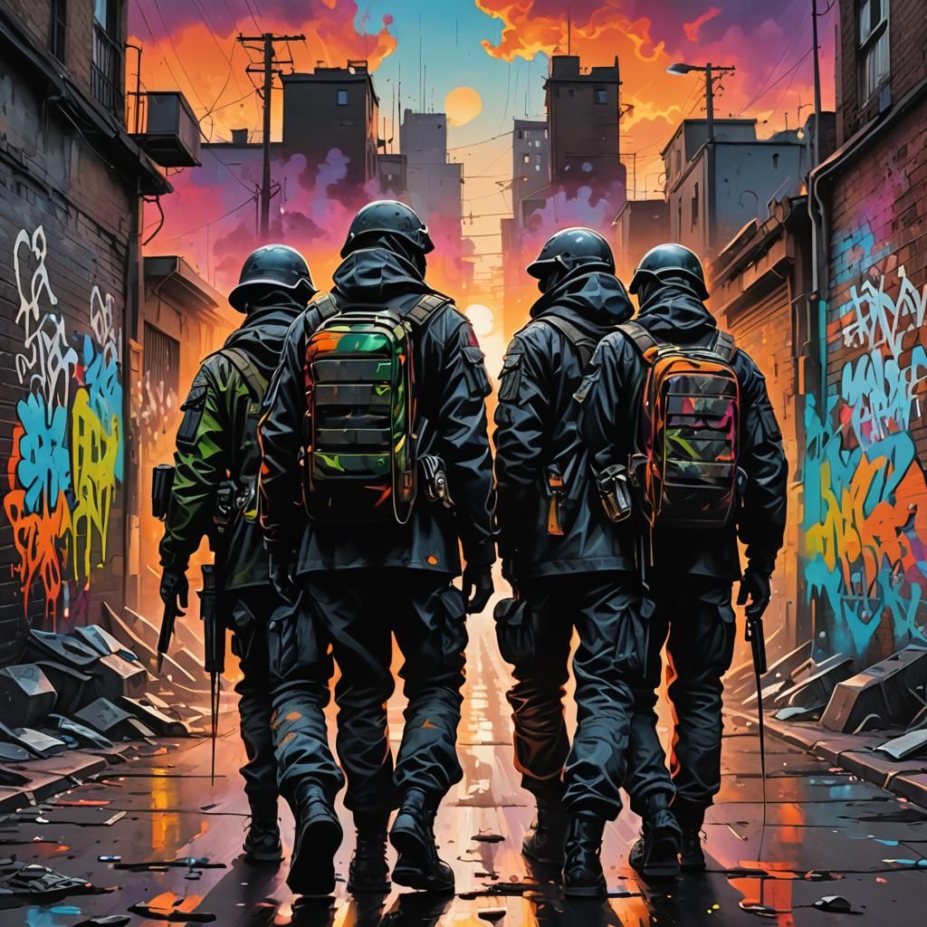 Soldiers Walking to Sunset in Graffiti Art Style
