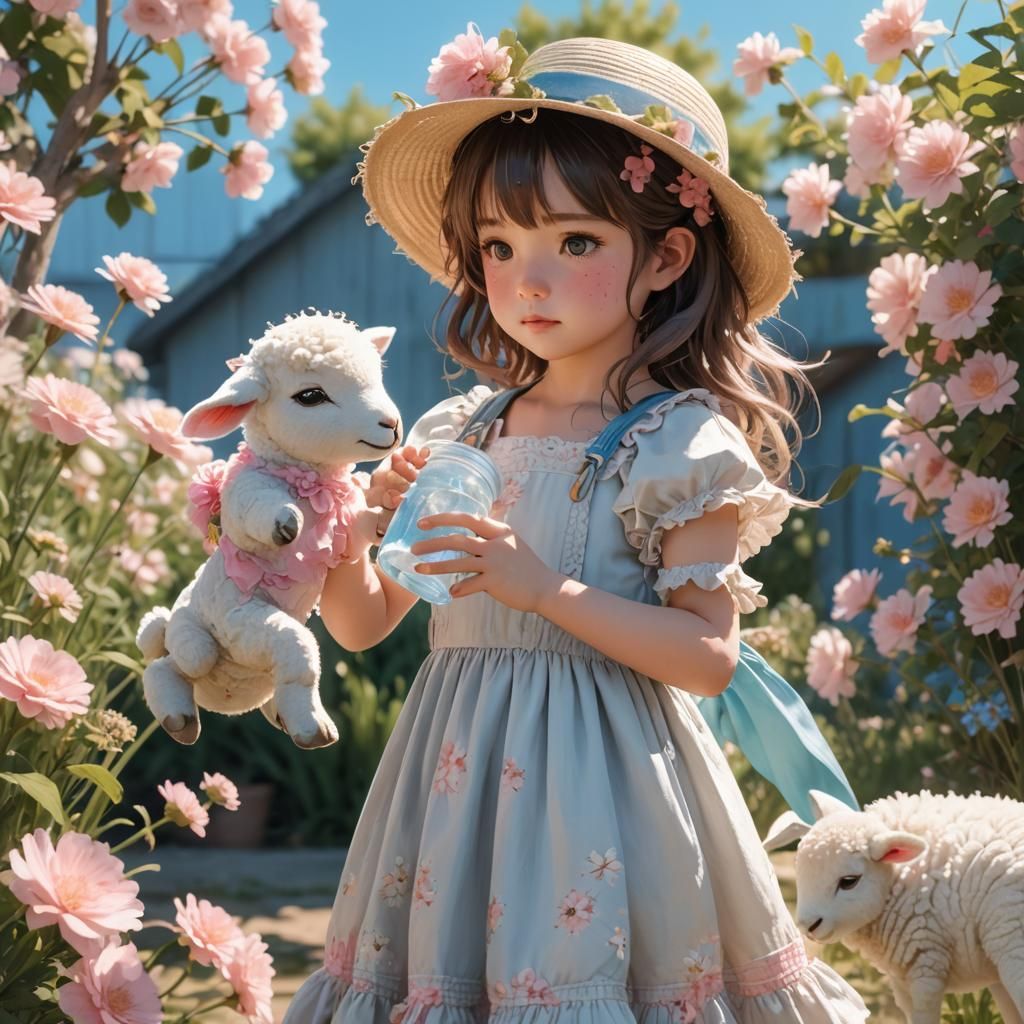 Girl Offers Lamb Drink in Sentimental 3D Anime Art