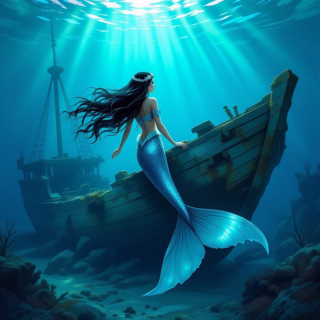 Mermaid Swims Towards Shipwreck in Ethereal Underwater Scene