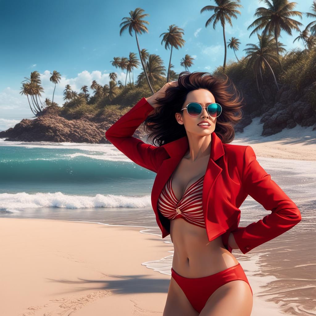 Brunette Beauty in Red at a Vibrant Beach